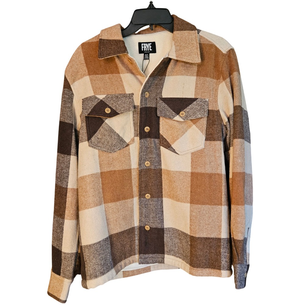 Frye Mens Sherpa Lined Flannel Shirt Jacket Tan Plaid Shacket Size Small NEW